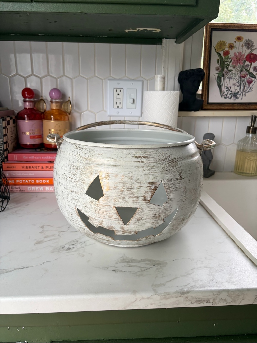 Distressed White Metal Jack-O'-Lantern Candy Bucket
